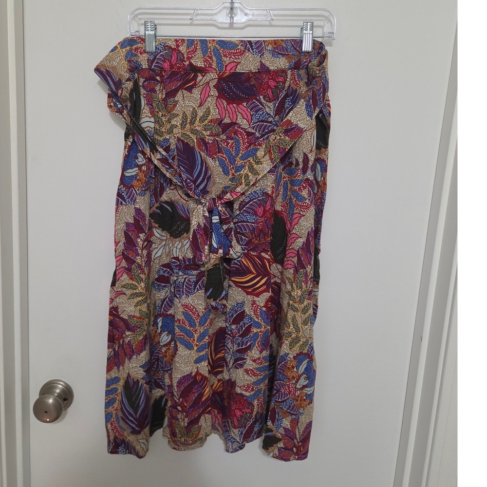Westport Womens 1X Tropical Floral Viscose Midi Skirt Elastic Waist Tie Belt Red